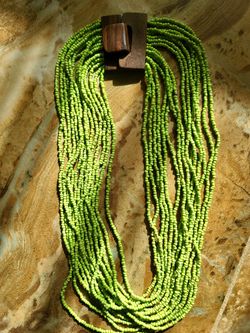 Green Turquoise Necklace With Decorative Wood Carved Closure from Bali  