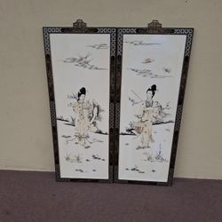Vintage Set Of 2 Gorgeous Oriental Mother Of Pearl Relief Panels 36 X 12 Overall Size 36 X 24 Price Is For Both