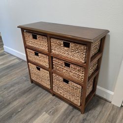 Pier One 3 Tier Cabinet Solid Wood Frame Natural Wicker Baskets