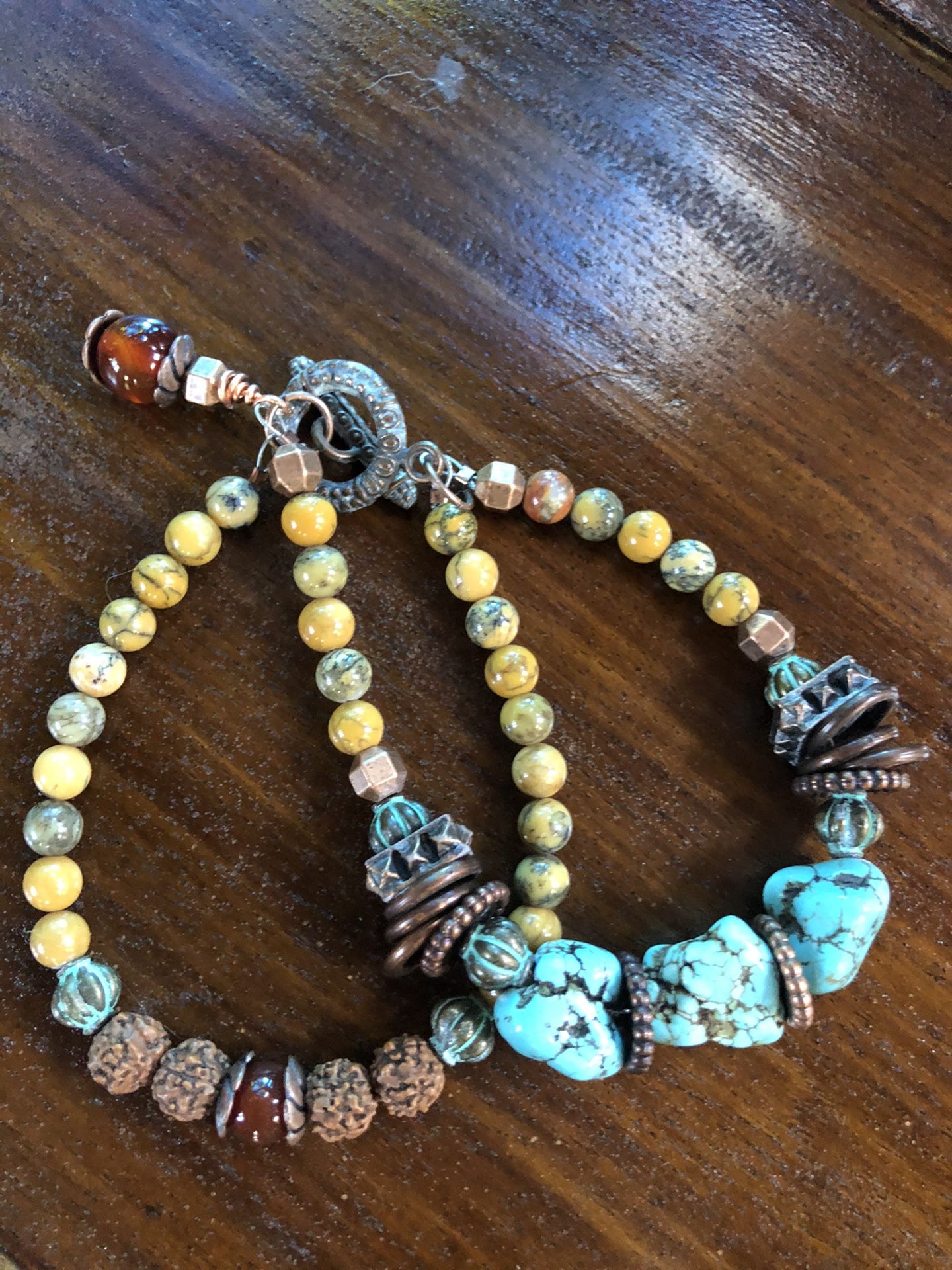 Handmade Bracelet, Turquoise jasper Carnelian and Buda beads