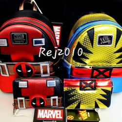 The Loungefly Marvel Metallic Wolverine & Deadpool Cosplay Mini Backpack matching wallets New
