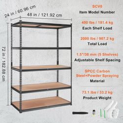 VEVOR ‘Model SCV0’ Storage Shelving Unit, 5 Tier Adjustable Shelf for Home or Business, Heavy Duty Metal Utility Rack.  2000 Lb capacity, 48x24x72