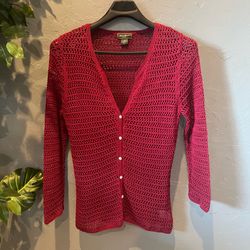 Vintage Eddie Bauer Vintage Open Stitch Crochet Cardigan Tall L Magenta Grandmacore Boho