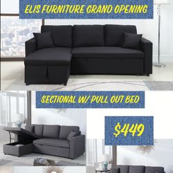 Elis Furniture Grand Opening Sectional W/ Pull Out Bed Grey Or Black $449 LIMITED TIME