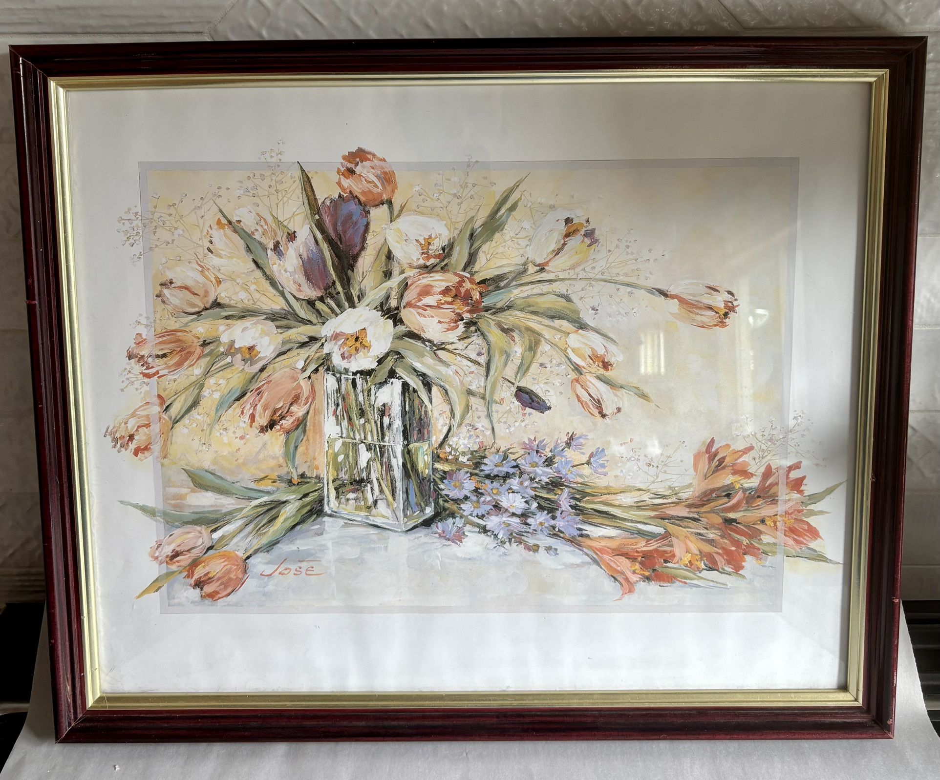 Vintage Wood Framed Vase Of Flowers Print 