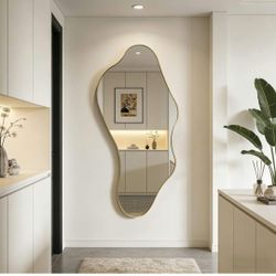 Irregular Mirror, 40"x18" Asymmetrical Wall Mirror with Gold Metal Frame, Odd Shaped Mirror, Modern Abstract Mirrors for Living Room Bedroom Hallway E