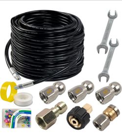 Sewer Jetter Kit for Pressure Washer 100FT, Drain Cleaner Hose 1/4 Inch NPT, Orifice 4.0 Button Nose and Rotating Sewer Jetting Nozzle Spanner Tape Pe