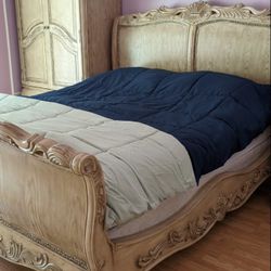 Bedroom King Furniture Set; King Bed, CA King Mattress, 2 Marble Top Nightstands, Chest Than Can Be Used For TV , Natural Wood/Very Sturdy Furniture 