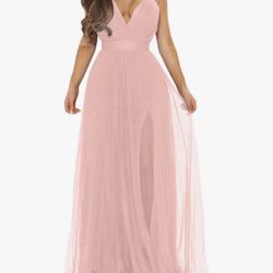 Pink Long VNeck Split Cocktail Party Formal Maxi Dress L