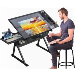 Drafting Table with Stool, Adjustable Height Drawing Table for Artists, 0-75° Tilting Glass Tabletop Art Craft Desk Watercolour Painting Workstation f