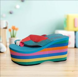 Womens Casual High Wedge Heel Platform Beach Rainbow Flip Flops Sandals  (Size 6) $40