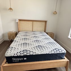 Queen Wood Bed Frame, Queen Mattress and hanging lamps