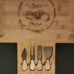 Royal Craft Wood Bamboo Cheese Board With Stainless Steel Cutlery Set  
