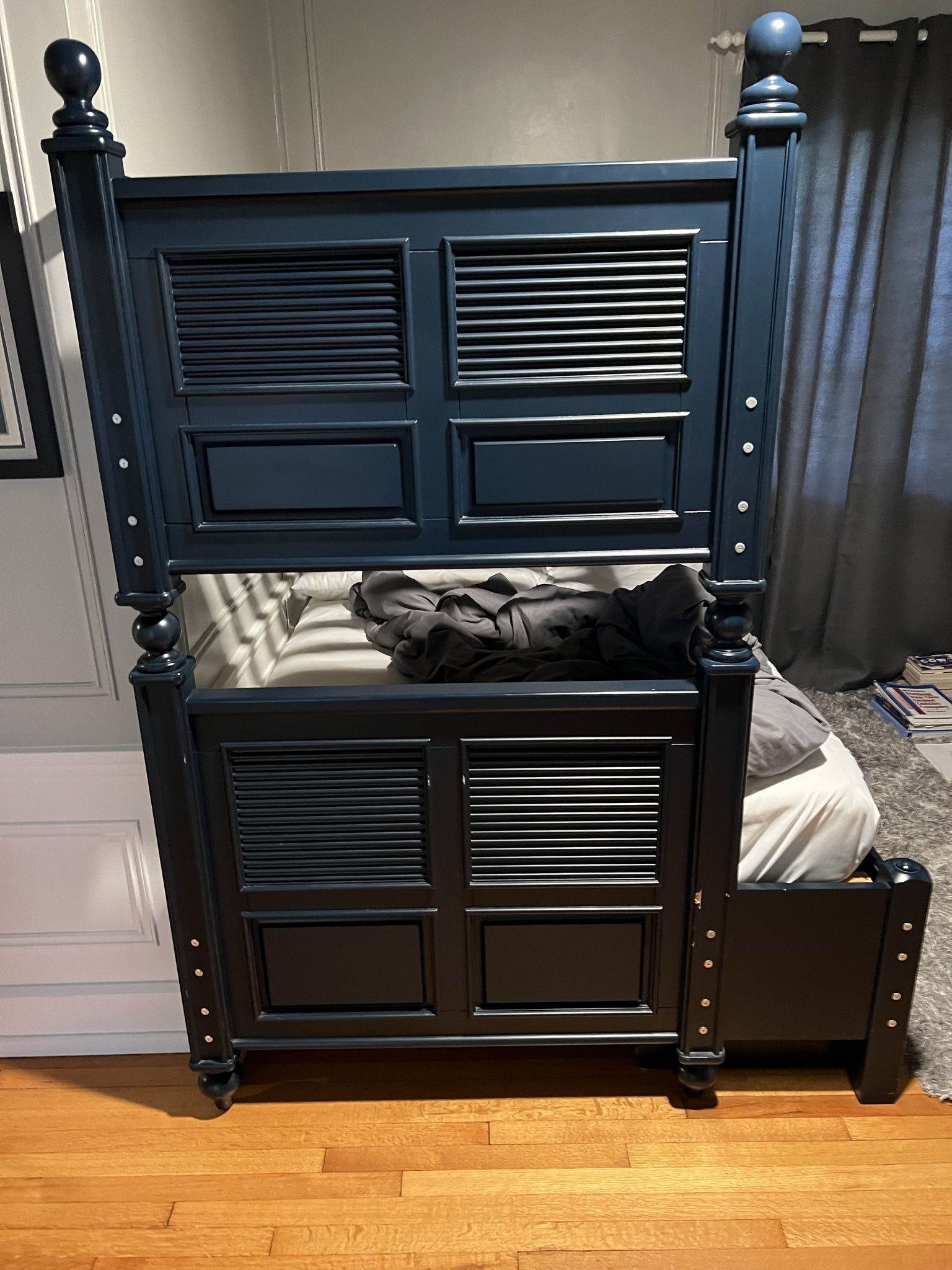 Navy Blue Wooden Bunkbed Bed frame W Mattress, Desk, Chair, And Attachable Book Shelf