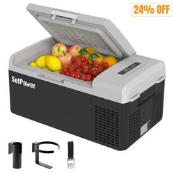 Set power FC15 12V Portable Refrigerator with AC Adapter, 15.8 Quart Car Freezer Fridge for Camping, Fast Cooling, -4℉-68℉, 3-Year Warranty, Car, RV, 