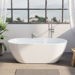 65 Glossy White Acrylic Freestanding Bathtub with Chrome Overflow and Drain, 62 Gallon