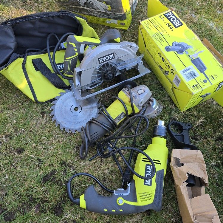 Ryobi corded three tool set grinder, circular saw , hammer drill. 