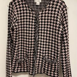 Worthington size Large cardigan sweater pink black houndstooth print fringe excellent condition smok