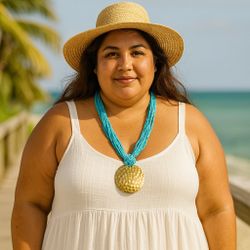 Gold Pendant Aqua Blue Beaded Necklace