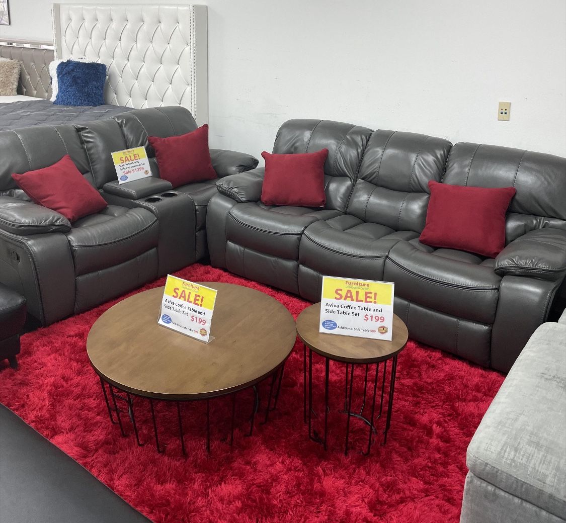 Holiday sale. Madrid, gray leather reclining sofa and loveseat set only $1299. Easy finance option. Same day delivery.
