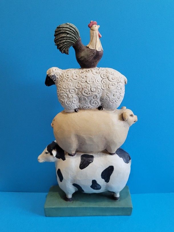 Vintage Stacked Farm Animals Outdoor Carved Wooden Garden Statue 10" Tall.