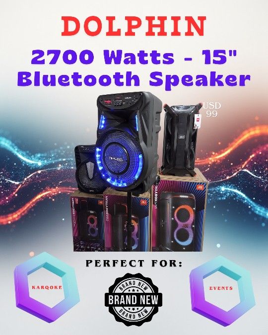 2700 watts 15" bluetooth rechargeable speaker with speaker stand and microphone included.