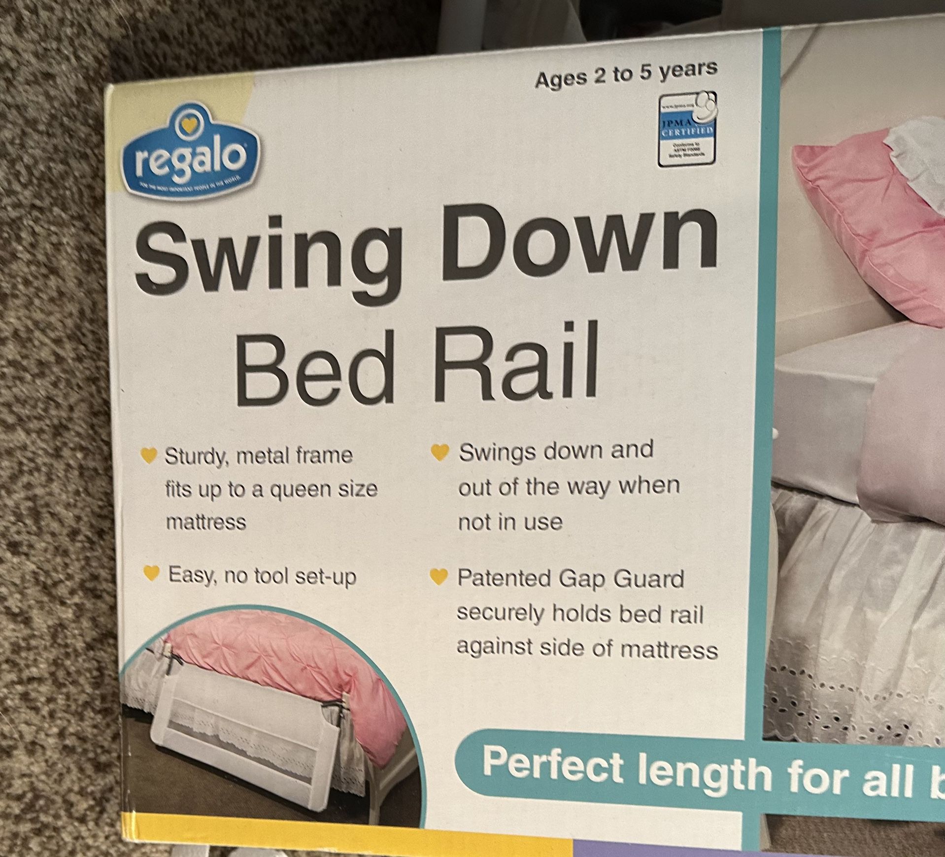 Regalo Swing Down Bed Rail 43” New in box plus 43”and 48” out of box.  Sturdy, metal frame fits up to a queen size mattress Swings down and out of the
