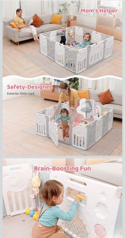 Baby Playpen, 14-Panel Foldable Play Pen for Babies 6-12 Months, Grey White Foldable, Custom Shape Baby Fence, Safety Play Yard with Gate, Portable, I