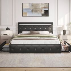 Benevika Queen Size Bed Frame with 4 Drawers and Charge Station, PU Leather Upholstered Bed with Adjustable LED Headboard, Wooden Slats Support, No Bo