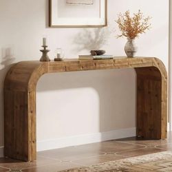 F2525 70.8" Console Table, Solid Wood Sofa Table with Curved Corners