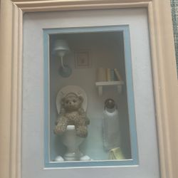 framed 3D miniature shadow box featuring a teddy bear in a bathtub 
