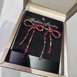 Earrings With Bow Multicolored With Rhinestones 