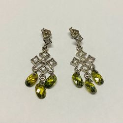 Vintage Sterling Silver Diamond Paste Peridot Chandelier Earrings