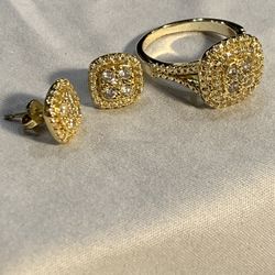 Ring And Earring Set.  Bright CZs. 14k Gold Over Sterling Silver 