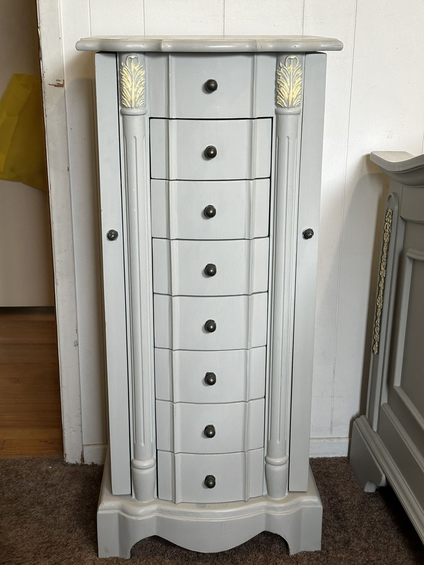 Tall Jewelry Box 7 Drawer 2 Open Side Flip Lid w/Mirror Wood Painted Grey Yellow Accents