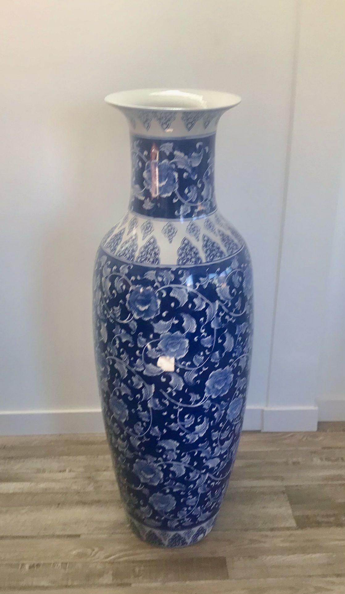 Blue & White Floral Chinoiserie Vase – 48” Tall