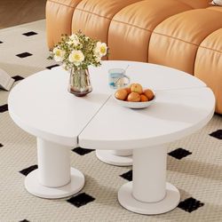 Easy Assembly Round Petal-Shaped Coffee Table, Cream Style Center Table with 3 Thick Legs, Minimalist Irregular End Table with Sleek Round Edges for L