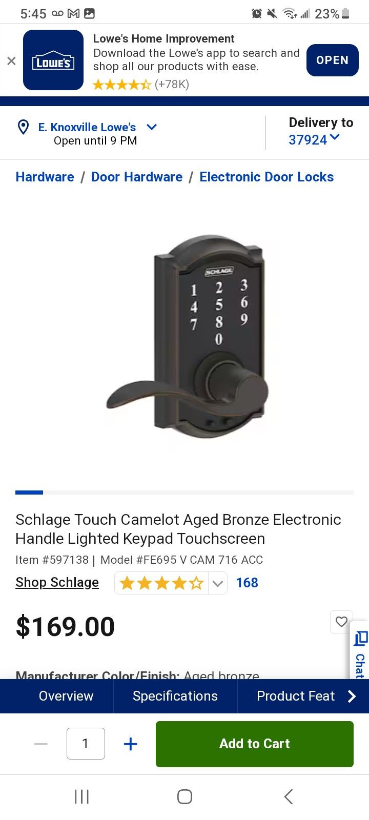Schlage Keyless Touchscreen Door Lock