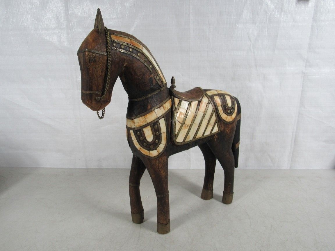 Horse Folk Art Hand Crafted & Brass Accents Vtg. Wood Sculpture 15"