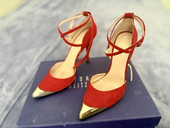 Stuart Weitzman red suede heels with criss cross ankle straps
