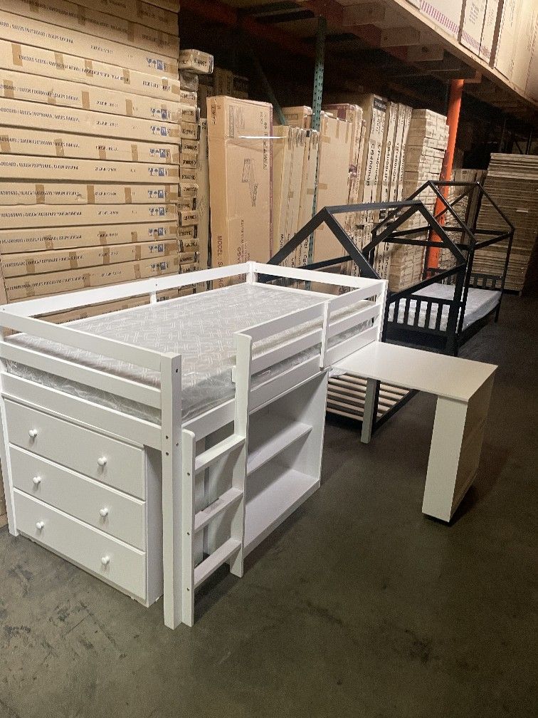 Twin loft bed with desk, bookcase, & chest. Available in white & grey. Assembly required. Assembly not included. Tax included. Free local delivery.