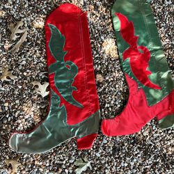 2 vintage Satin Handmade Cowboy Boot Christmas Stockings