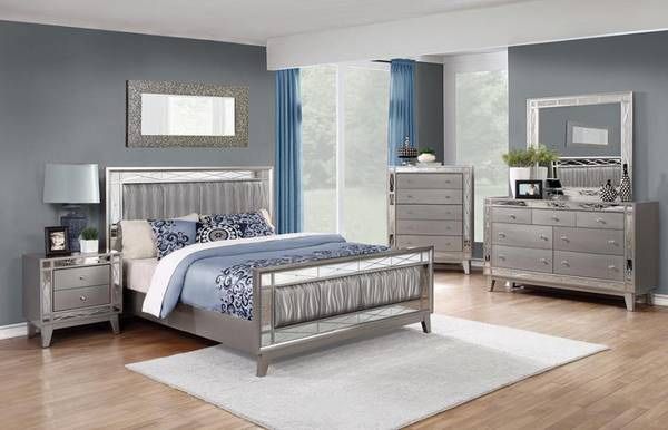 **JULY SALE** 4 Piece Queen Bedroom Set In Metallic Leatherette With Crystal Knobs!