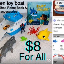 $8 For All;Green toys,Baby Shark 🦈 robot batteries include,hardcover book & accessories