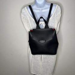 DKNY Sullivan Black Textured Leather  With Red Color Accents Flap Over Backpack