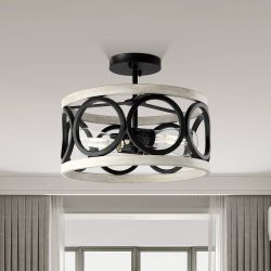 13”in. 2-Light Black & White Wood Finish Round Contemporary Semi-Flush Mount