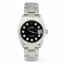 Ladies Rolex DateJust 31mm Midsize Stainless Steel Watch with Black Diamond Dial and Diamond Bezel. (Pre-Owned 68240)