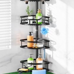 Shower Caddy Tension Pole: Rustproof Quick Install Corner Bathroom Organizer Shelf on Floor for Renters - 4-Tier Large Capacity Storage Rack with Soap