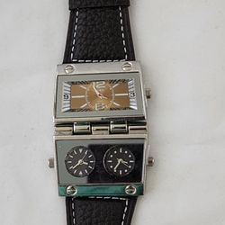 Men's Watch Analog Brown Leather Strap 3 Sub-Dials