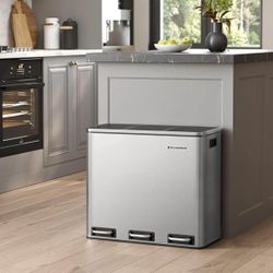 Trash Can, 3 x 4.8 Gallon Garbage Can, 14.4 Gallon Recycle Bin with Soft-Close Lids, Pedals, and Inner Buckets for Kitchen, Stainless Stee